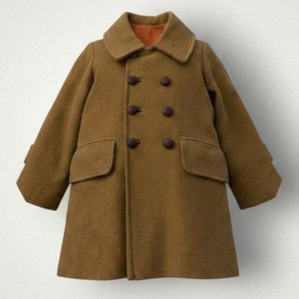 Vintage Double Breasted Pea Coat 18-24 2T Brown Camel Wool Blend Preppy Formal